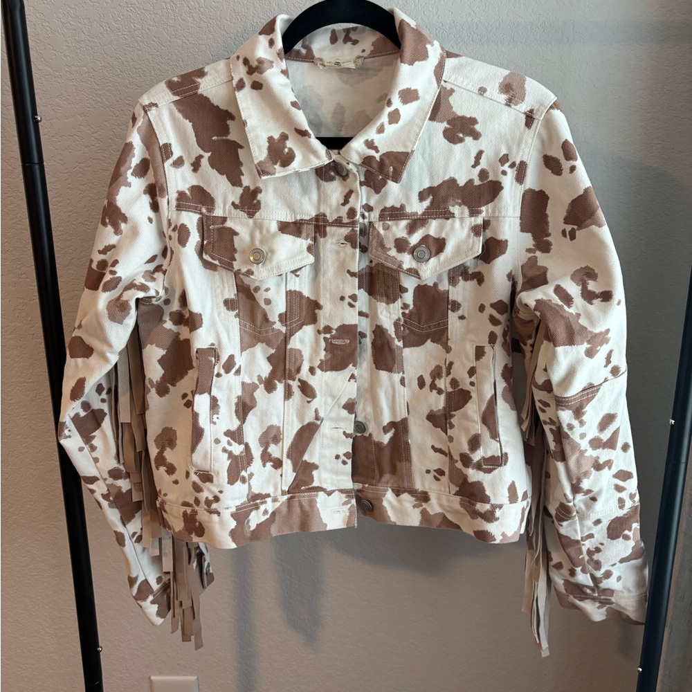 Altar'd State Cow Print Fringe Jean Jacket